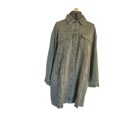 Studded Fringe Corduroy Jacket Green Snap Button Closure By Blue B Collection Si - Picture 1 of 15
